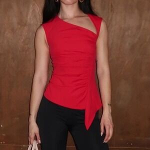 Commense Sleeveless Asymmetric Top Ruched‎ Party Cocktail Blouse Red Size L